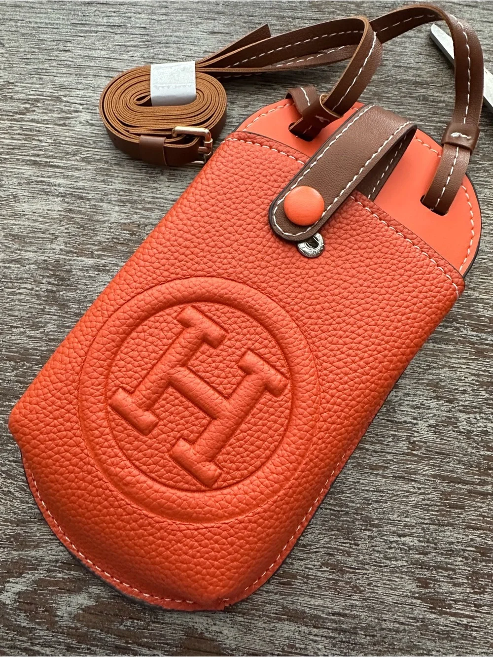 Pebbled Leather Phone Crossbody in Orange